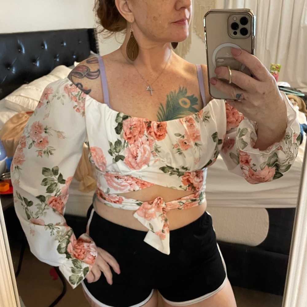 Floral Crop Top with Ties Puffy Sleeves Off Shoulder